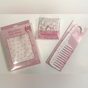 Valentine’s Day Gift. Microfiber Hair Wrap, Comb and Towel Scrunchie Pink/White